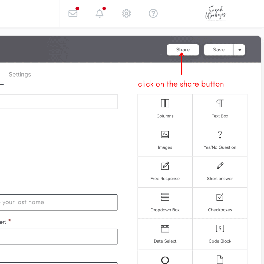 dubsado lead capture form share button